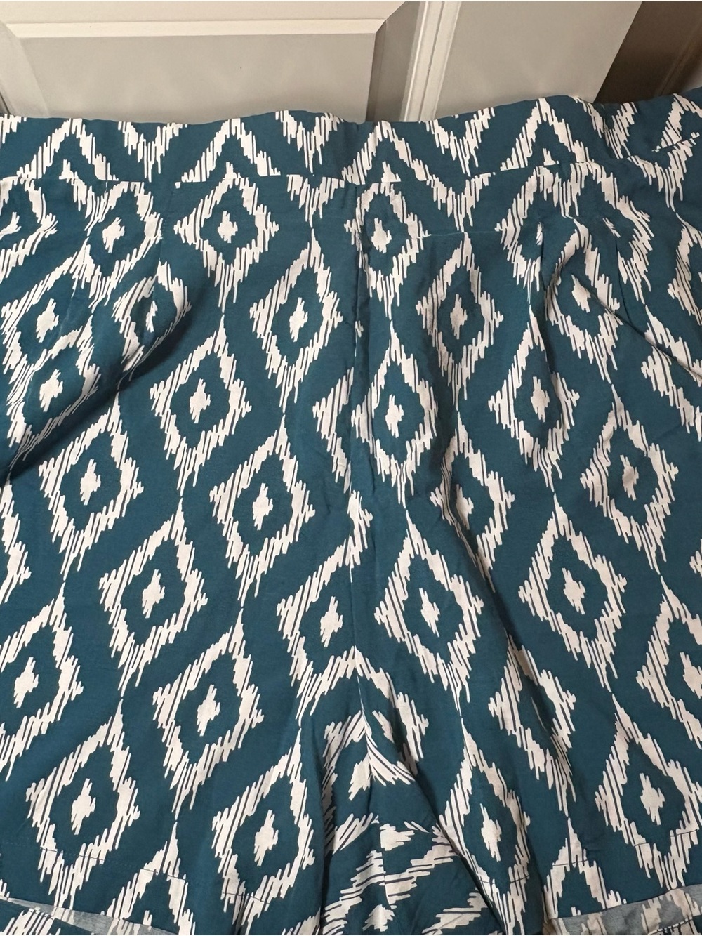 Torrid Teal and White Diamond Ikat Shorts